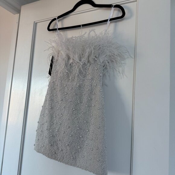 NWT Retrofete Ronit Pearl  Mini Dress Off Shoulder Bodycon Feather Trim Sz XXS - Picture 10 of 13